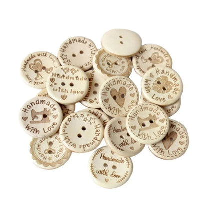 Collection of wooden buttons with 'Handmade with Love' text on a white background
