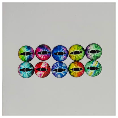 Colorful tie-dye eye-shaped buttons on a white background