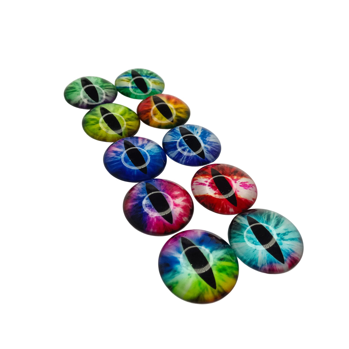 Colorful dragon eye buttons arranged on a white surface