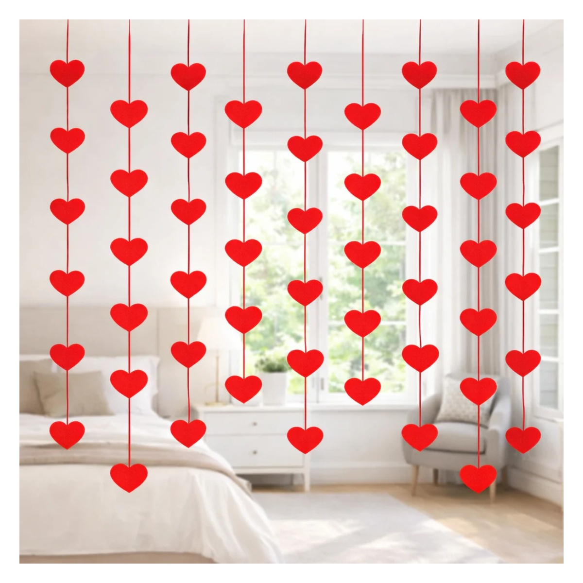 Red heart-shaped decorations hanging in a bedroom