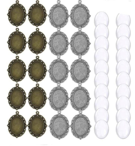 40pcs Each 18x25mm Cabochon Glass and Backing Antique Silver or Bronze - Antique Silver - - Asia Sell