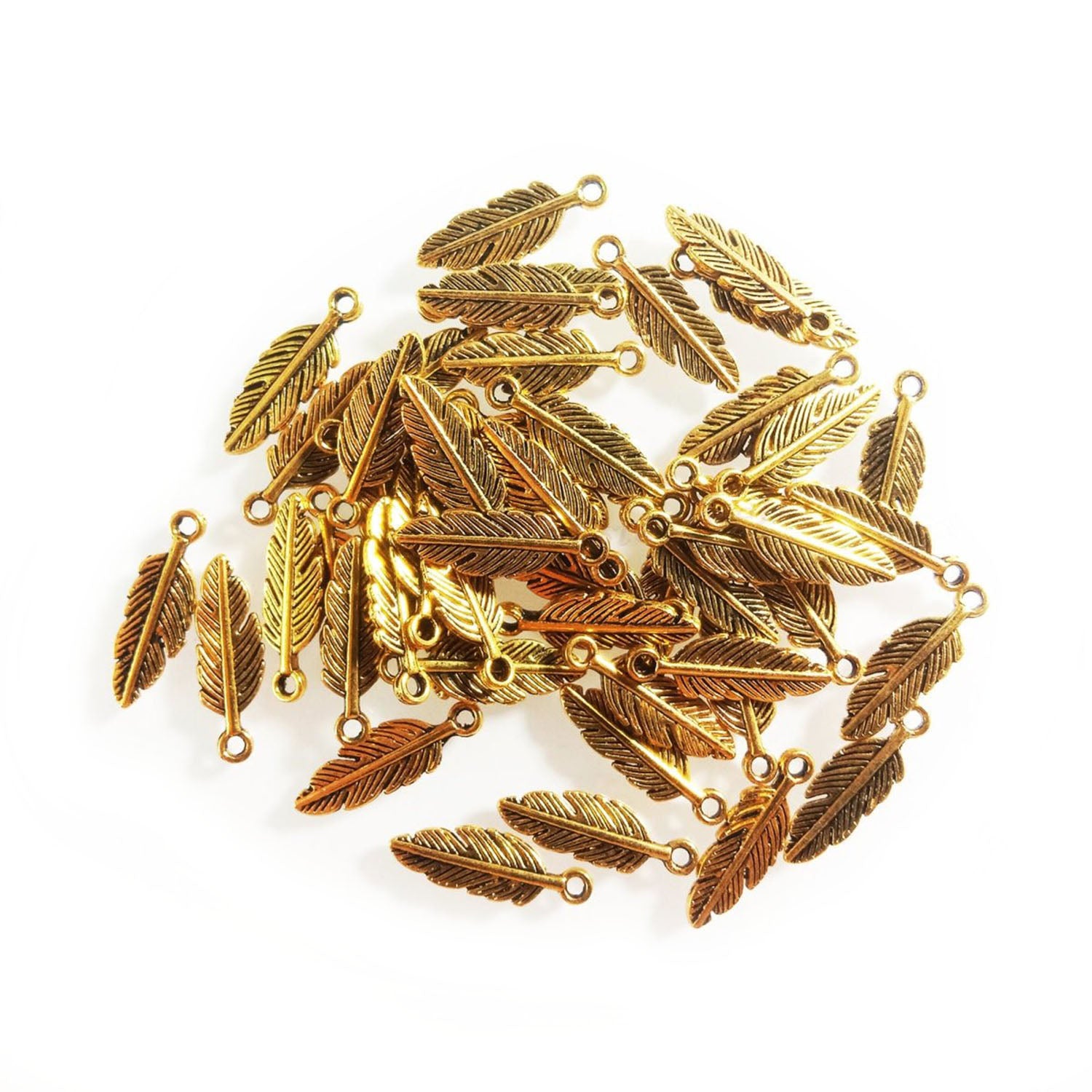 40pcs Feather Charms Pendant DIY Metal Jewellery Making Antique Silver Gold Bronze Colour - Gold - Asia Sell