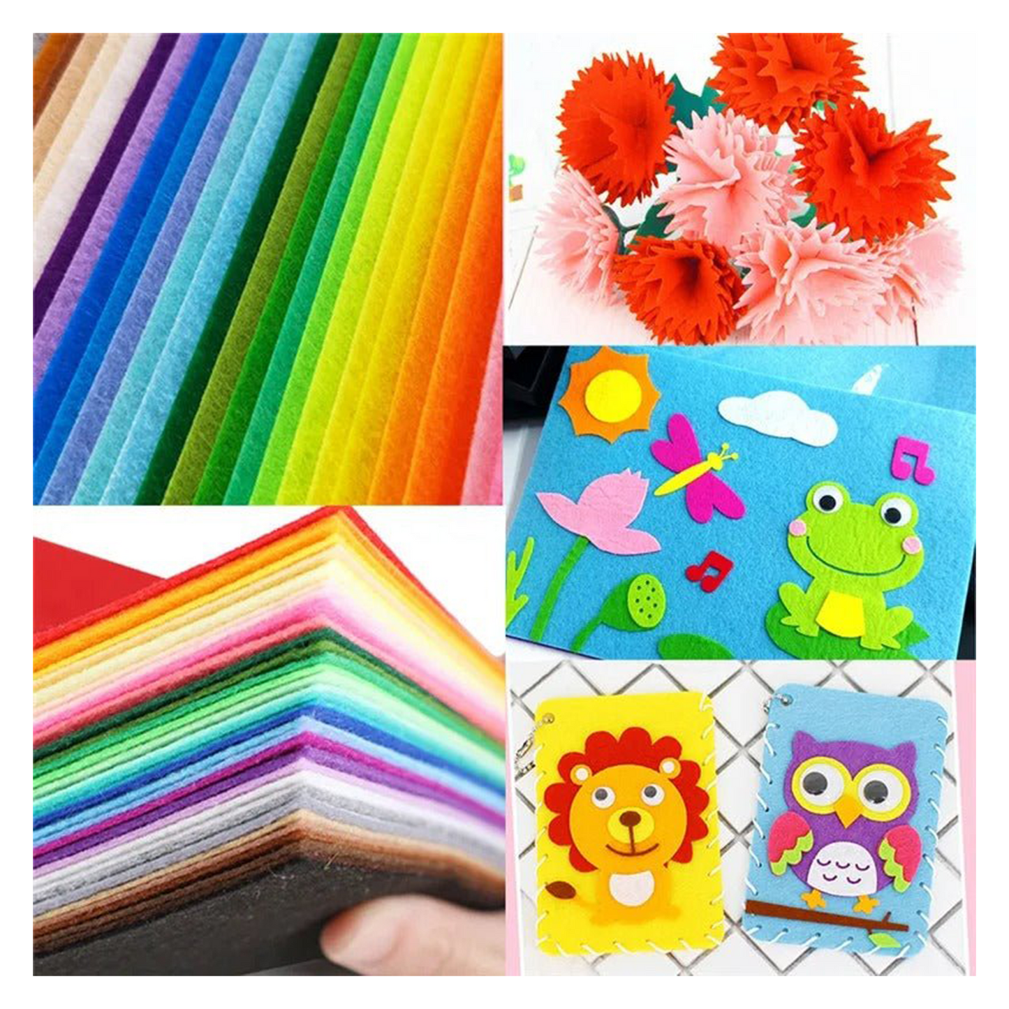 Collage of colorful felt sheets and craft projects with flowers and animal designs.
