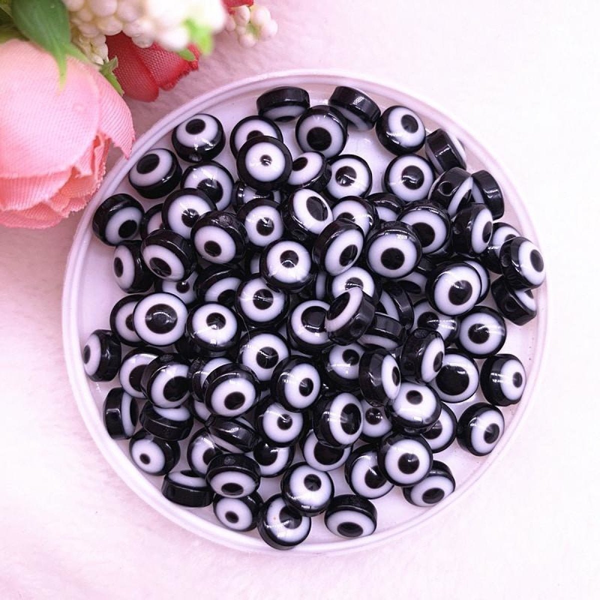 48pcs 8/10mm Resin Spacer Beads Double Sided Eyes for Jewellery Making DIY Bracelet Beads Flat Backed - Black 8mm - - Asia Sell