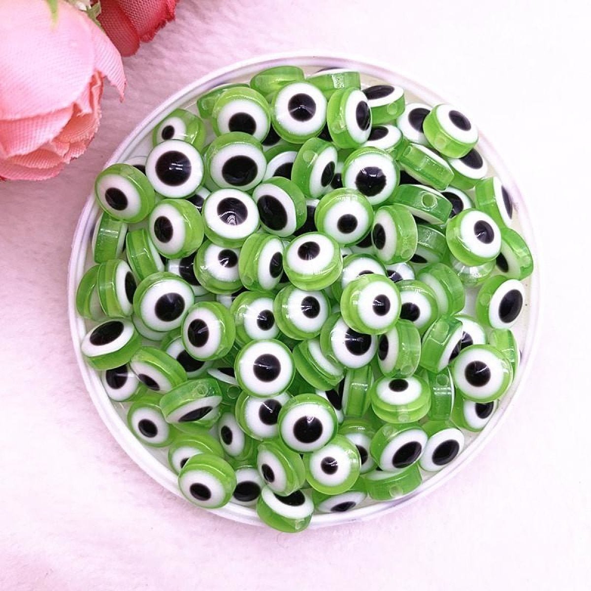48pcs 8/10mm Resin Spacer Beads Double Sided Eyes for Jewellery Making DIY Bracelet Beads Flat Backed - Green 8mm - - Asia Sell