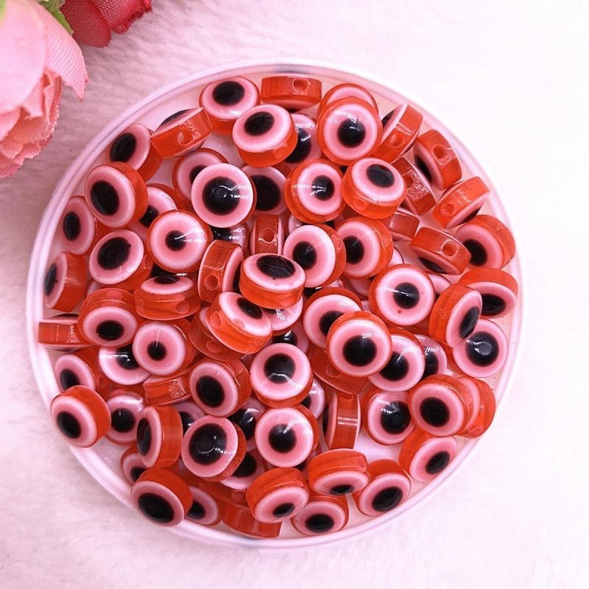 48pcs 8/10mm Resin Spacer Beads Double Sided Eyes for Jewelry Making DIY Bracelet Beads Flat Backing - Red 8mm - - Asia Sell