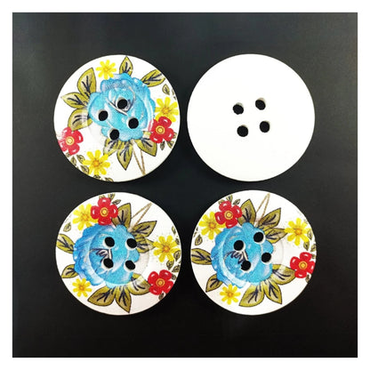 4pcs 50mm Painted Wooden Buttons 4-Hole Coat Boots Upholstery Flower Butterfly Clothes - 11. Blue Flowers - Asia Sell