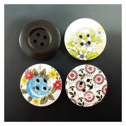 4pcs 50mm Painted Wooden Buttons 4-Hole Coat Boots Upholstery Flower Butterfly Clothes - 14. Mixed Flowers Solid Brown - Asia Sell
