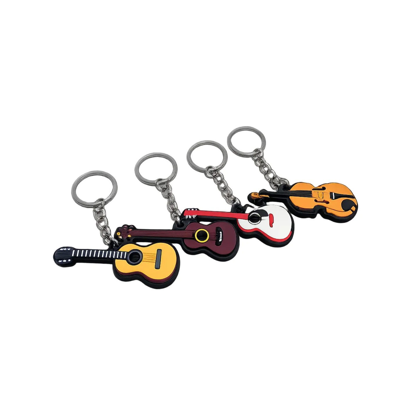 Set of four guitar-shaped keychains on a white background
