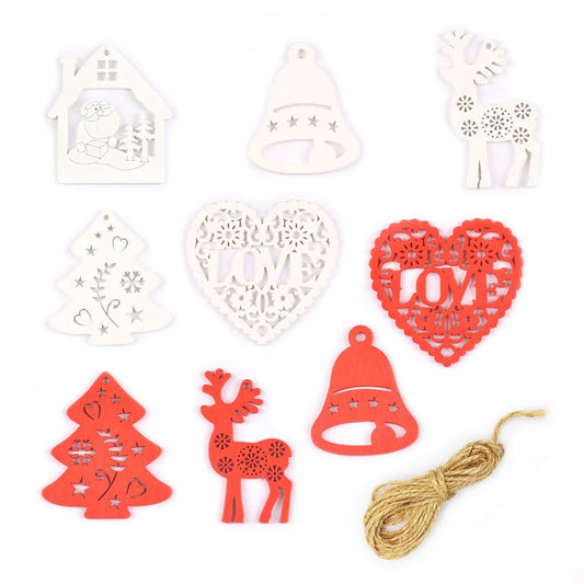 5-10pcs Christmas Tree Ornament wString Wooden Hanging Pendants Painted White Red Christmas Tree Snow Reindeer Santa - 9x Red & White Mix 2m String - Asia Sell