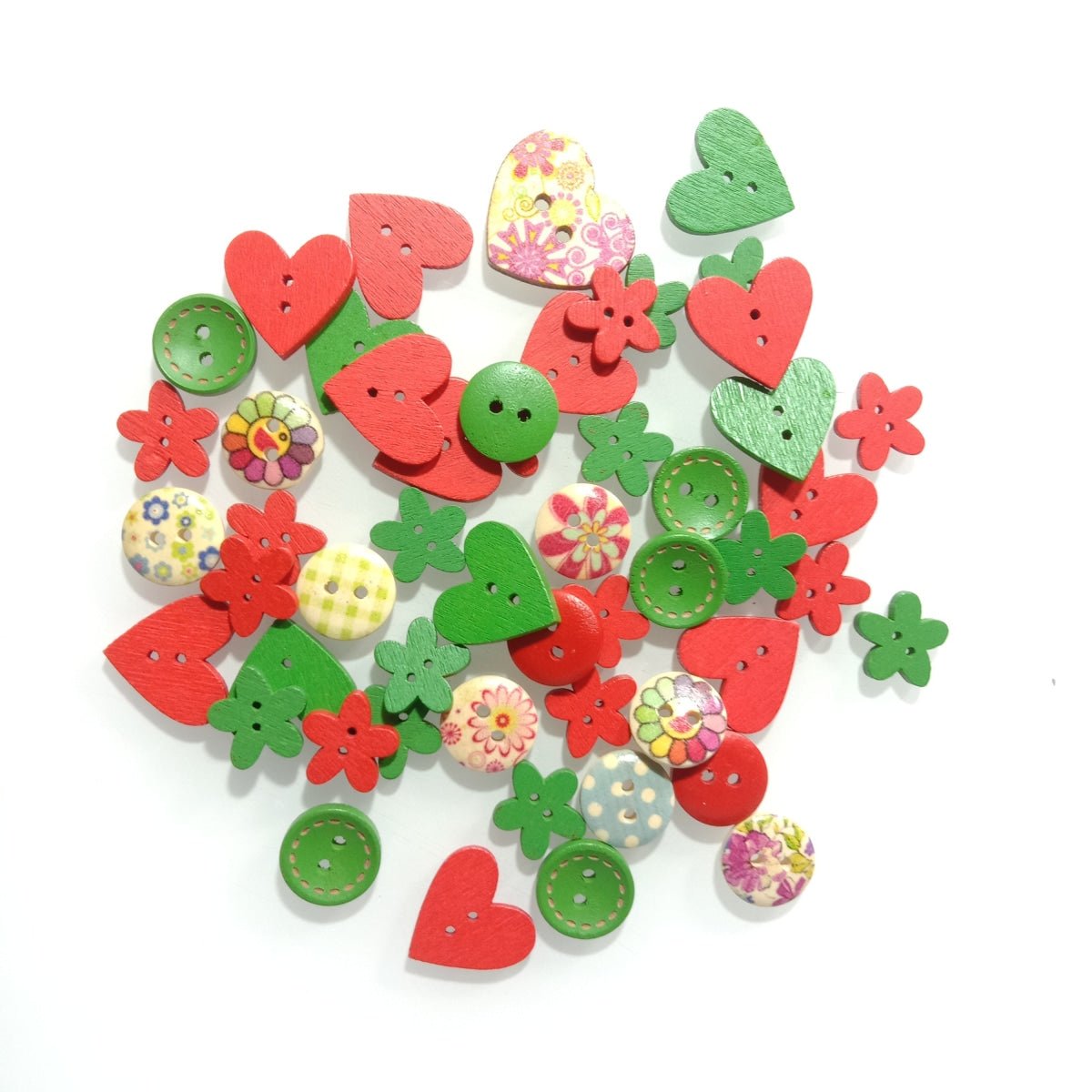 50pcs 10-20mm Colourful Red Green Flower Heart Wooden Buttons Christmas Theme 2 Hole Sewing Scrapbooking Craft DIY - Asia Sell