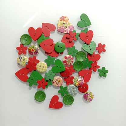 50pcs 10-20mm Colourful Red Green Flower Heart Wooden Buttons Christmas Theme 2 Hole Sewing Scrapbooking Craft DIY - Asia Sell