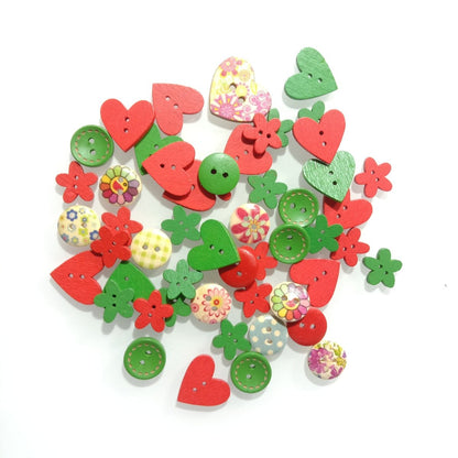 50pcs 10-20mm Colourful Red Green Flower Heart Wooden Buttons Christmas Theme 2 Hole Sewing Scrapbooking Craft DIY - Asia Sell