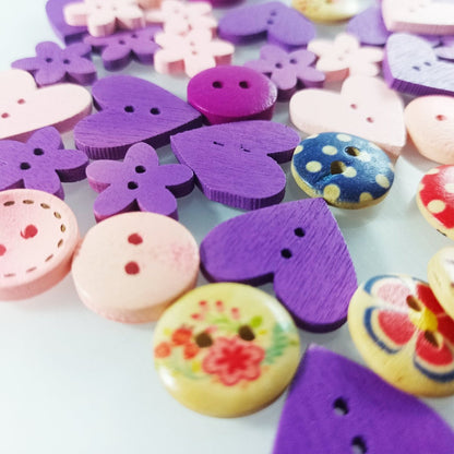 50pcs 10-25mm Flower Heart Shape Wooden Buttons Crafts 2 Hole Sewing Purple Pink - - Asia Sell