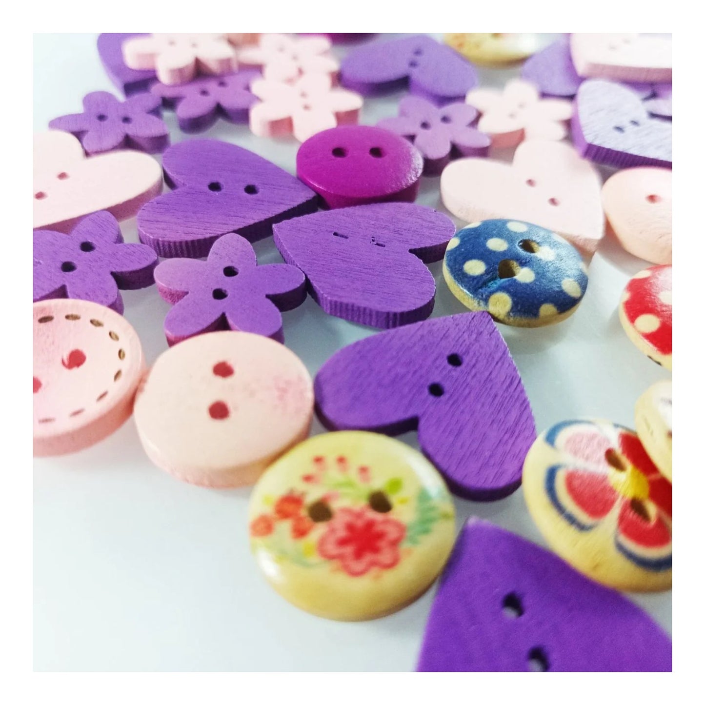 50pcs 10-25mm Flower Heart Shape Wooden Buttons Crafts 2 Hole Sewing Purple Pink - - Asia Sell