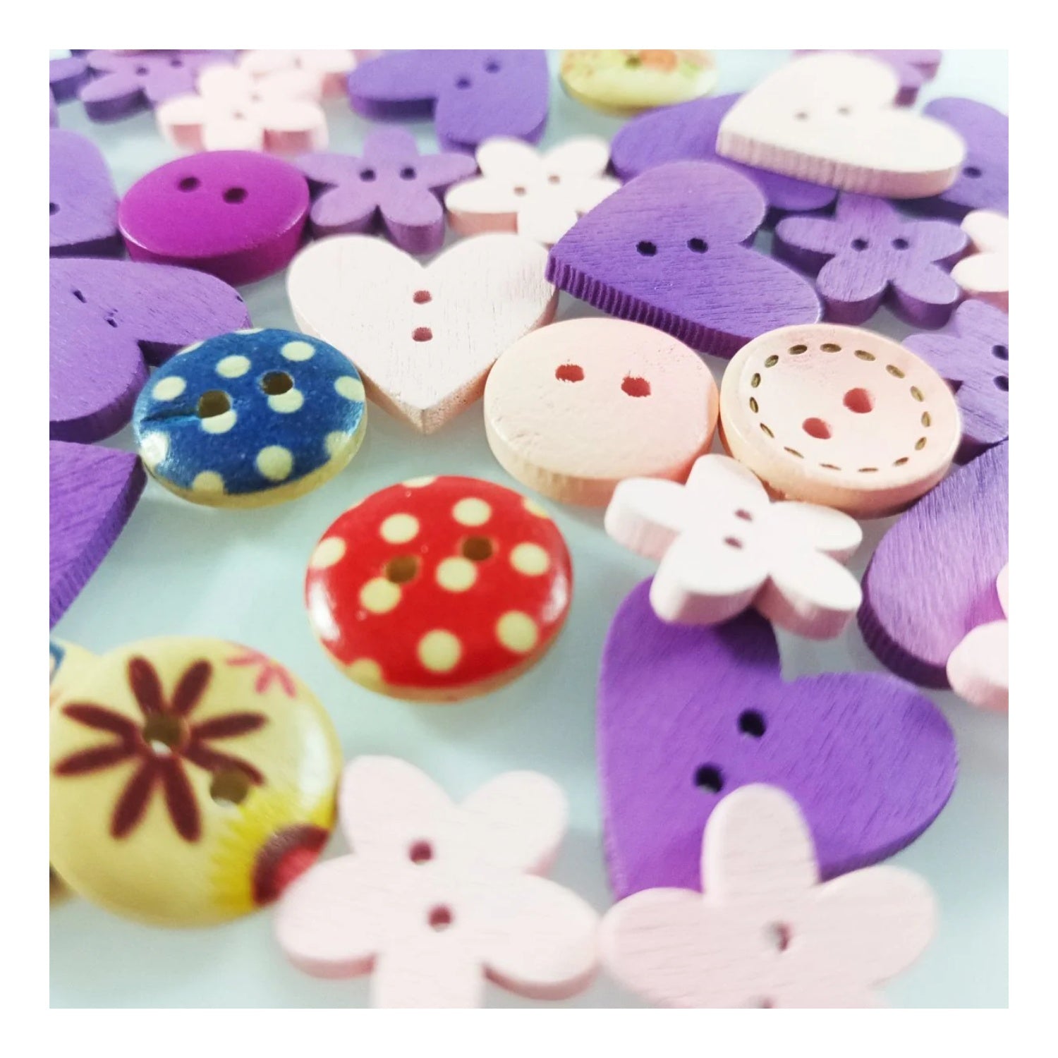 50pcs 10-25mm Flower Heart Shape Wooden Buttons Crafts 2 Hole Sewing Purple Pink - - Asia Sell