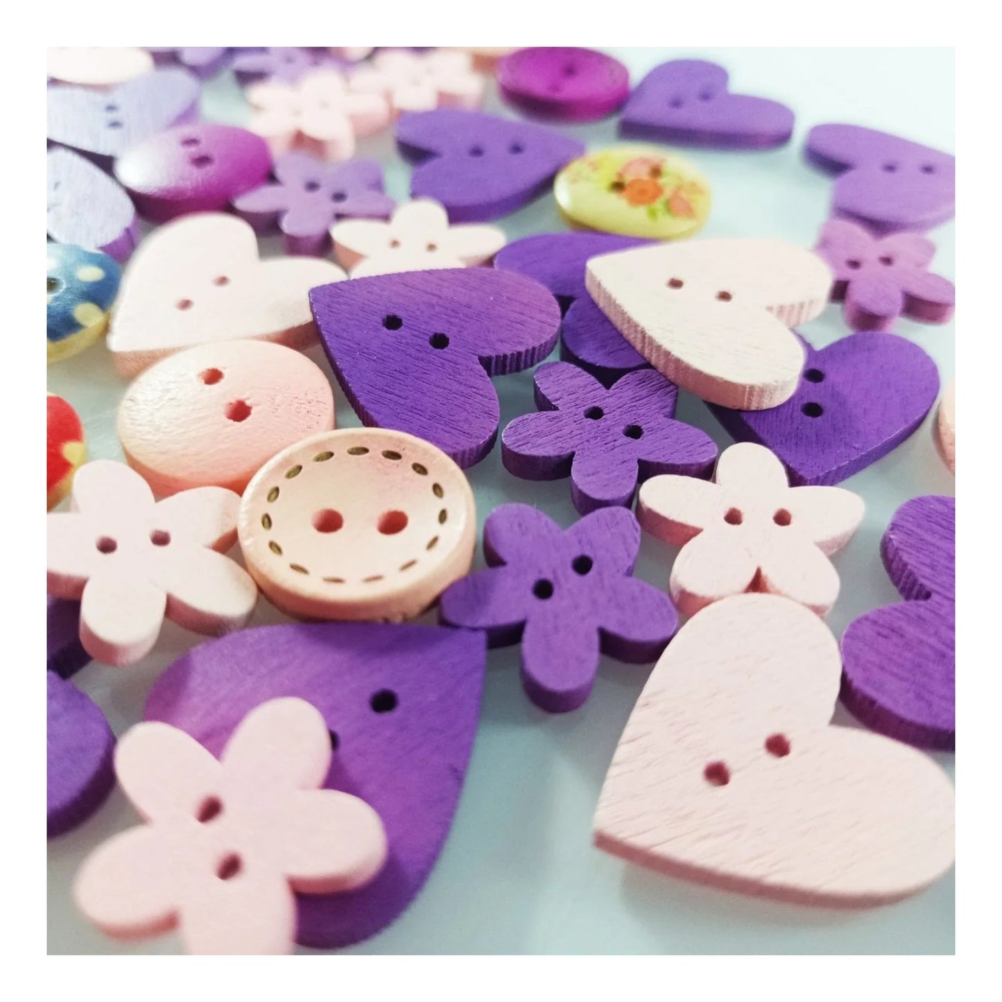 50pcs 10-25mm Flower Heart Shape Wooden Buttons Crafts 2 Hole Sewing Purple Pink - - Asia Sell