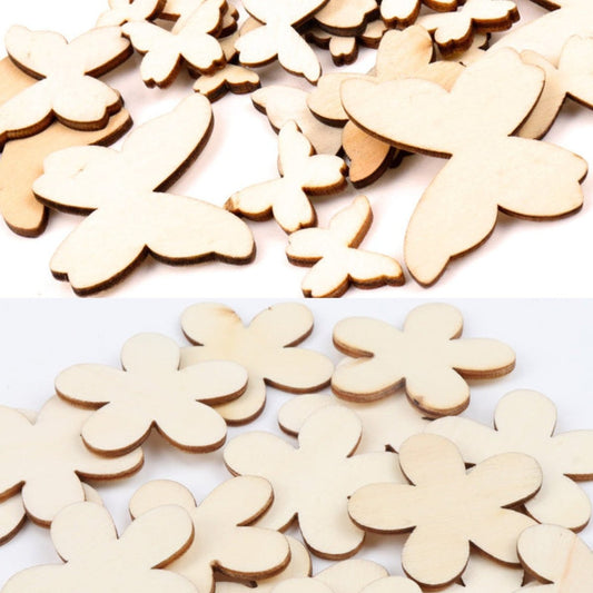 50pcs 15-40mm Natural Wooden Flower Butterfly Shape Blanks Forms Scrapbooking Crafts Sketching - 15mm Flowers - - Asia Sell