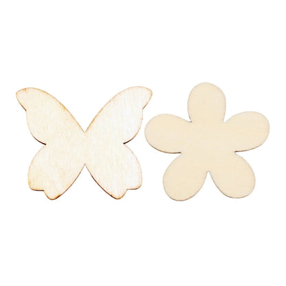 50pcs 15-40mm Natural Wooden Flower Butterfly Shape Blanks Forms Scrapbooking Crafts Sketching
