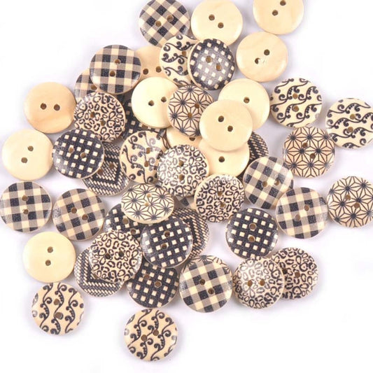 50pcs 18mm Wooden Clothing Buttons Mixed Patterns Sewing Accessories 2-Hole DIY Clothes Handmade Crafts - - Asia Sell