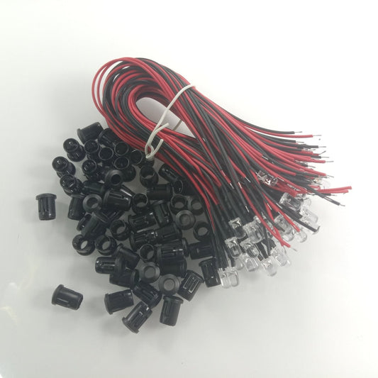 50pcs Each 3mm 12V Wired LEDs + Black Plastic Bezel Surrounds White Blue Green UV Red Yellow Pink Cables Orange LED - UV - Asia Sell