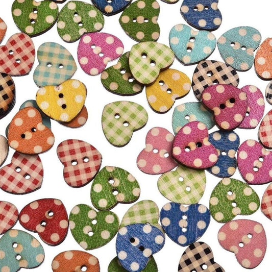 50pcs Heart Wooden Buttons Mixed Pattern 2-Hole Button 16x14mm DIY - - Asia Sell