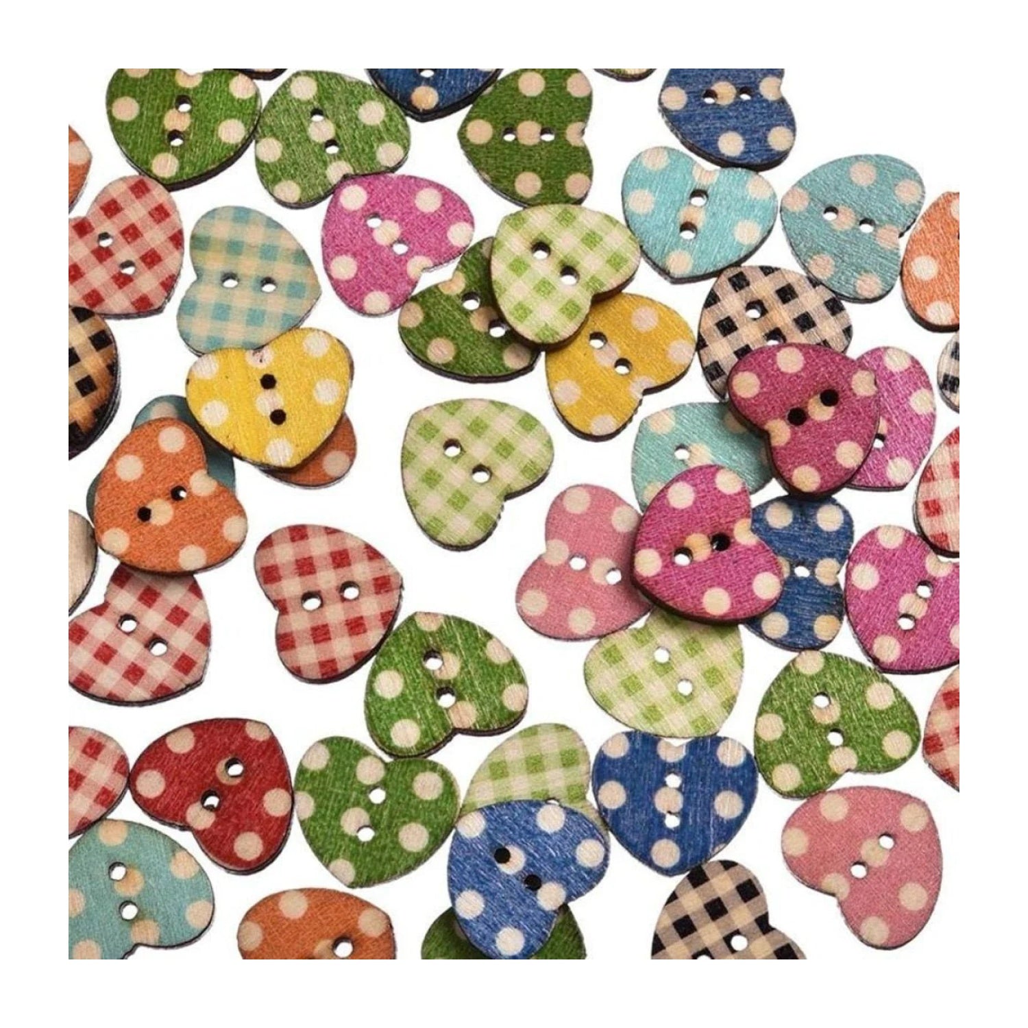 50pcs Heart Wooden Buttons Mixed Pattern 2-Hole Button 16x14mm DIY - - Asia Sell
