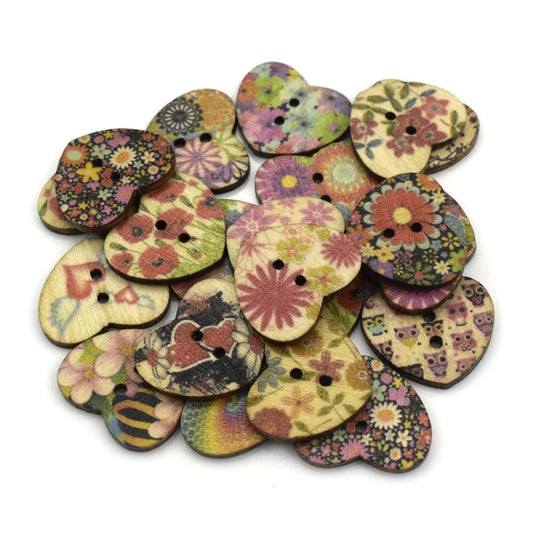 50pcs Heart Wooden Buttons Mixed Pattern Leaf Floral Colourful 2-Hole 25mmx21mm Garment - - Asia Sell