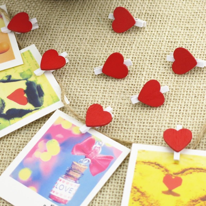 100 Pcs Mini Wooden Heart Pegs, Colorful Wooden Clothespins, Wood Heart Shape Pegs Photo Paper Clips With 30 Meters Jute Twine For DIY Arts And Crafts On