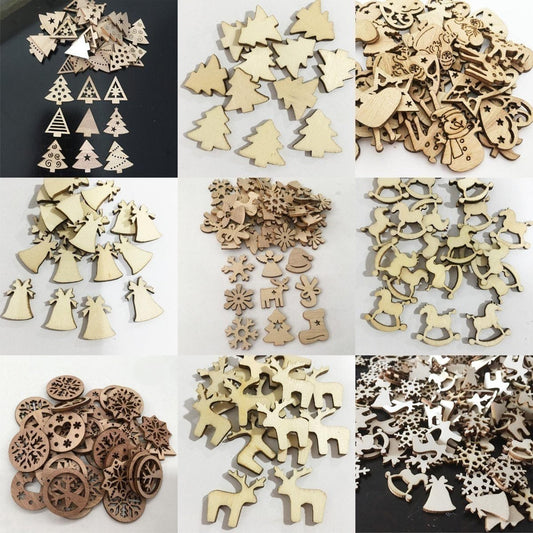 50pcs Natural Wood Craft Christmas Pendant Hanging Ornament Reindeer Xmas Tree Snowflakes New Year Decor Home Decorations - Trees Mixed - - Asia Sell