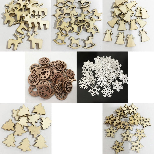 50pcs Natural Wood Craft Christmas Tree Ornament Reindeer Xmas Tree Snowflakes Home Decorations Set B - White Snow - Asia Sell