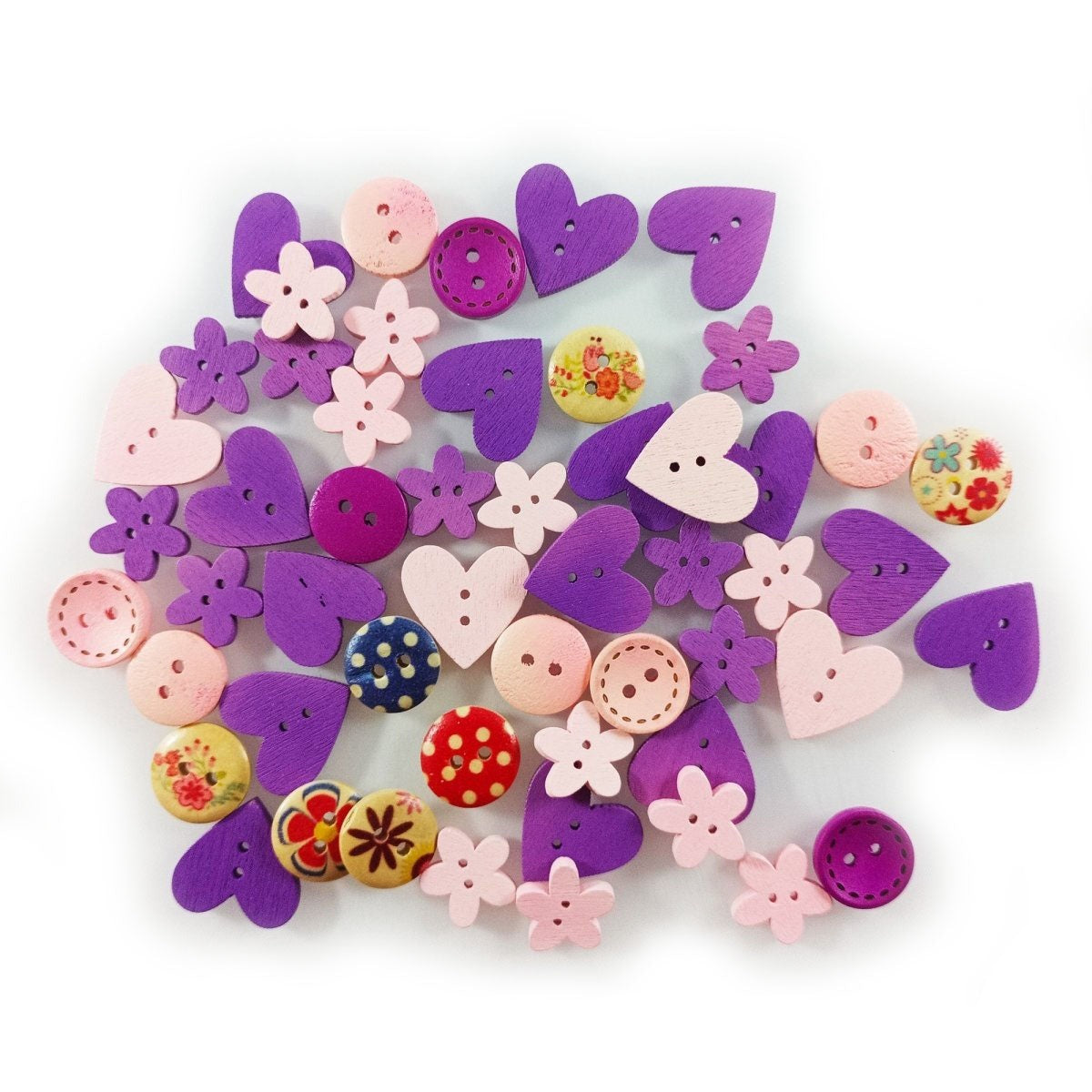 50pcs 10-25mm Flower Heart Shape Wooden Buttons Crafts 2 Hole Sewing Purple Pink