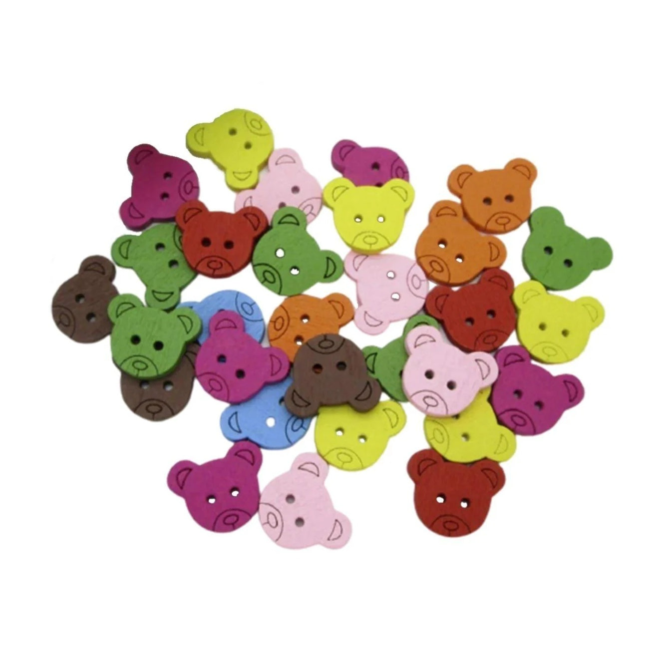 Colorful bear-shaped buttons arranged in a circular pattern on a white background