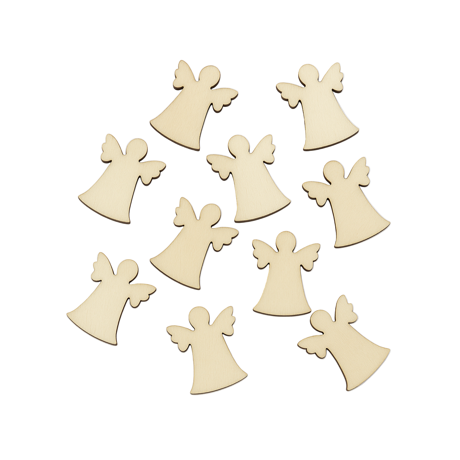 Wooden angel shapes on a white background