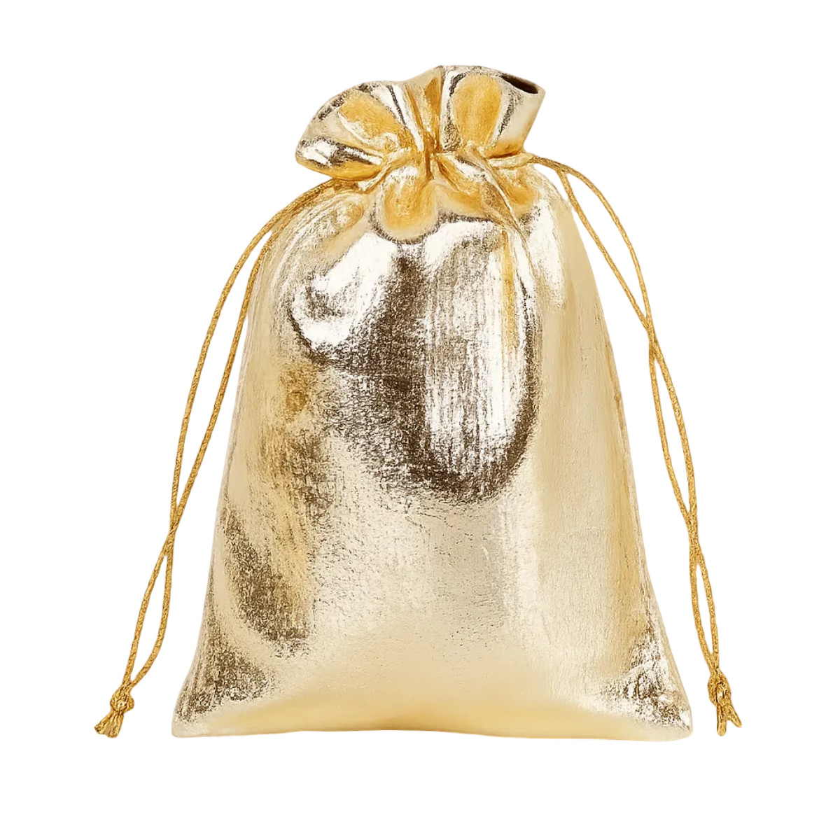 Gold metallic drawstring pouch on a white background