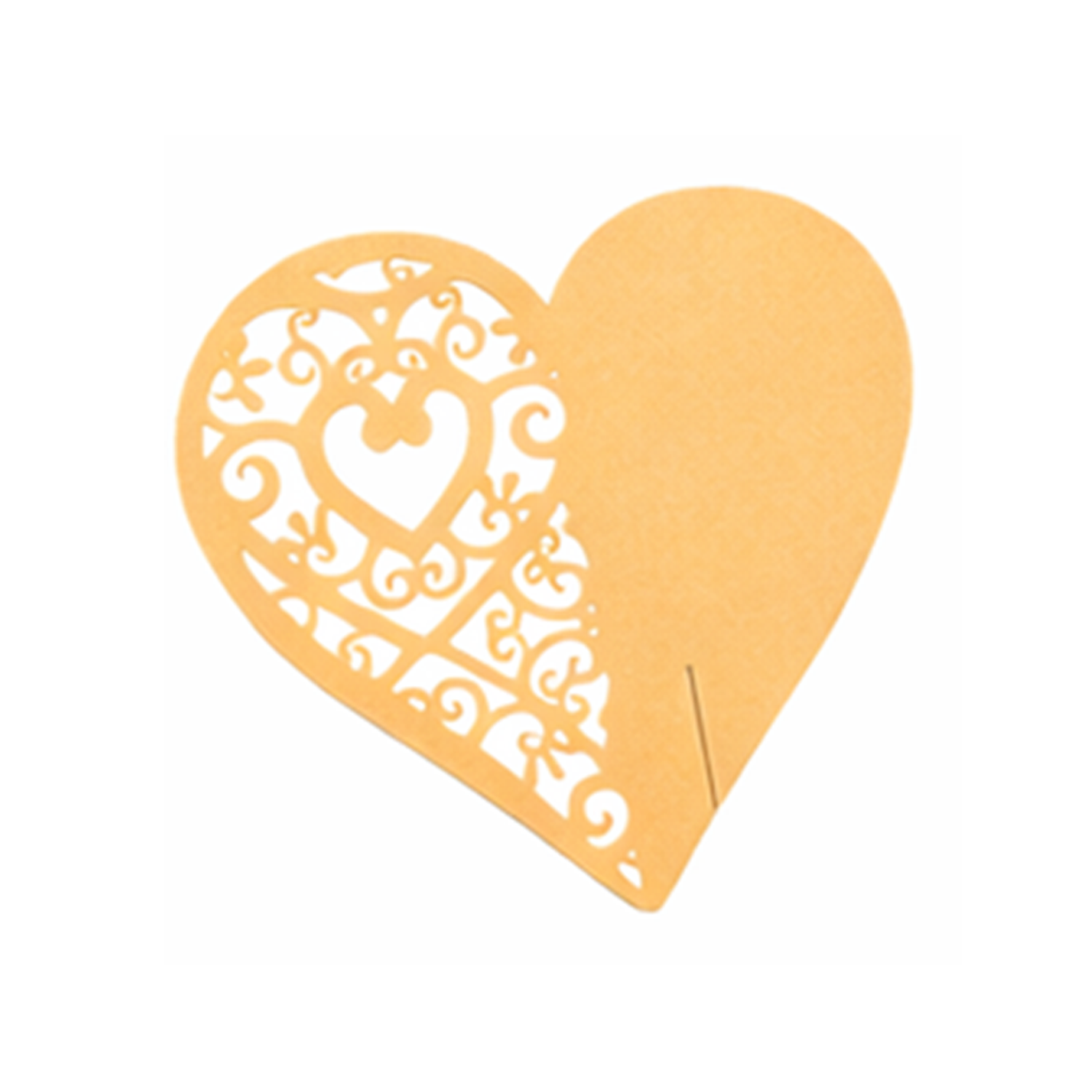 Yellow gold heart-shaped cardboard wedding table placeholder with intricate cutouts on a white background