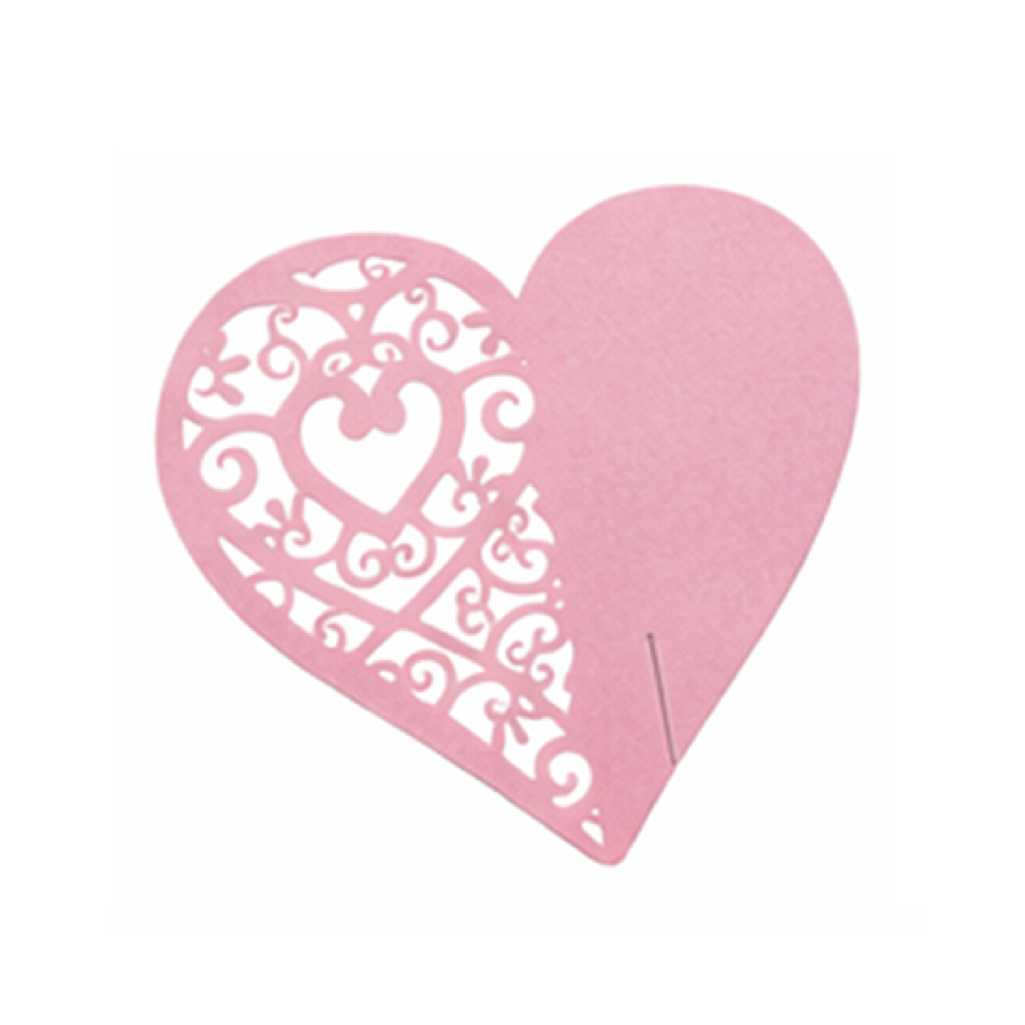 Pink heart-shaped cardboard wedding table placeholder with intricate cutouts on a white background