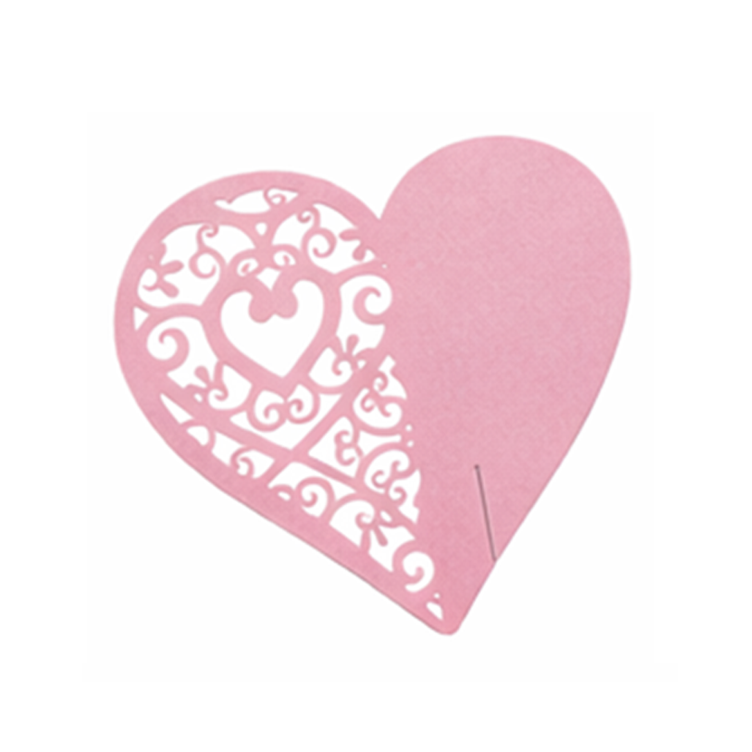 Pink heart-shaped cardboard wedding table placeholder with intricate cutouts on a white background