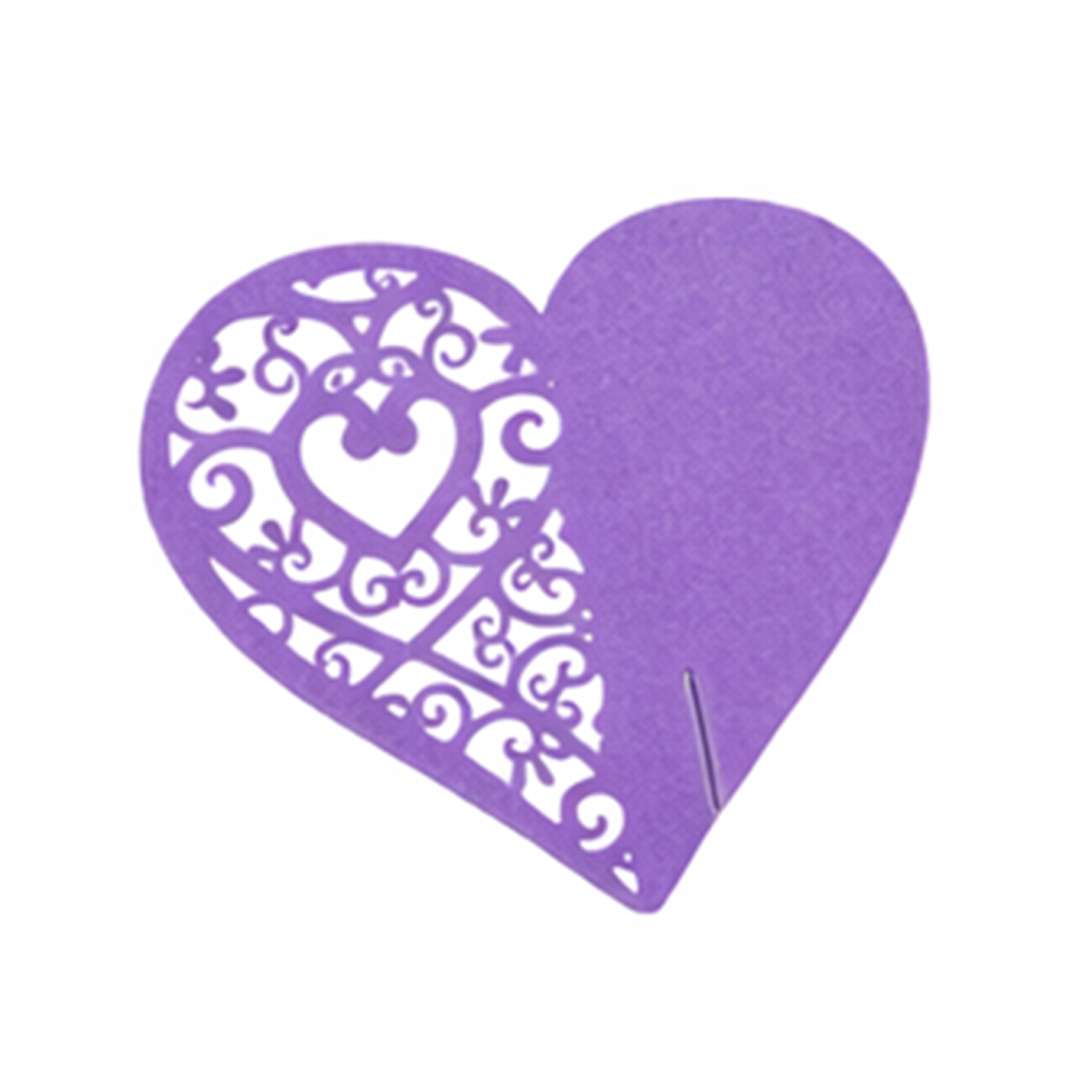 Purple heart-shaped cardboard wedding table placeholder with intricate cutouts on a white background