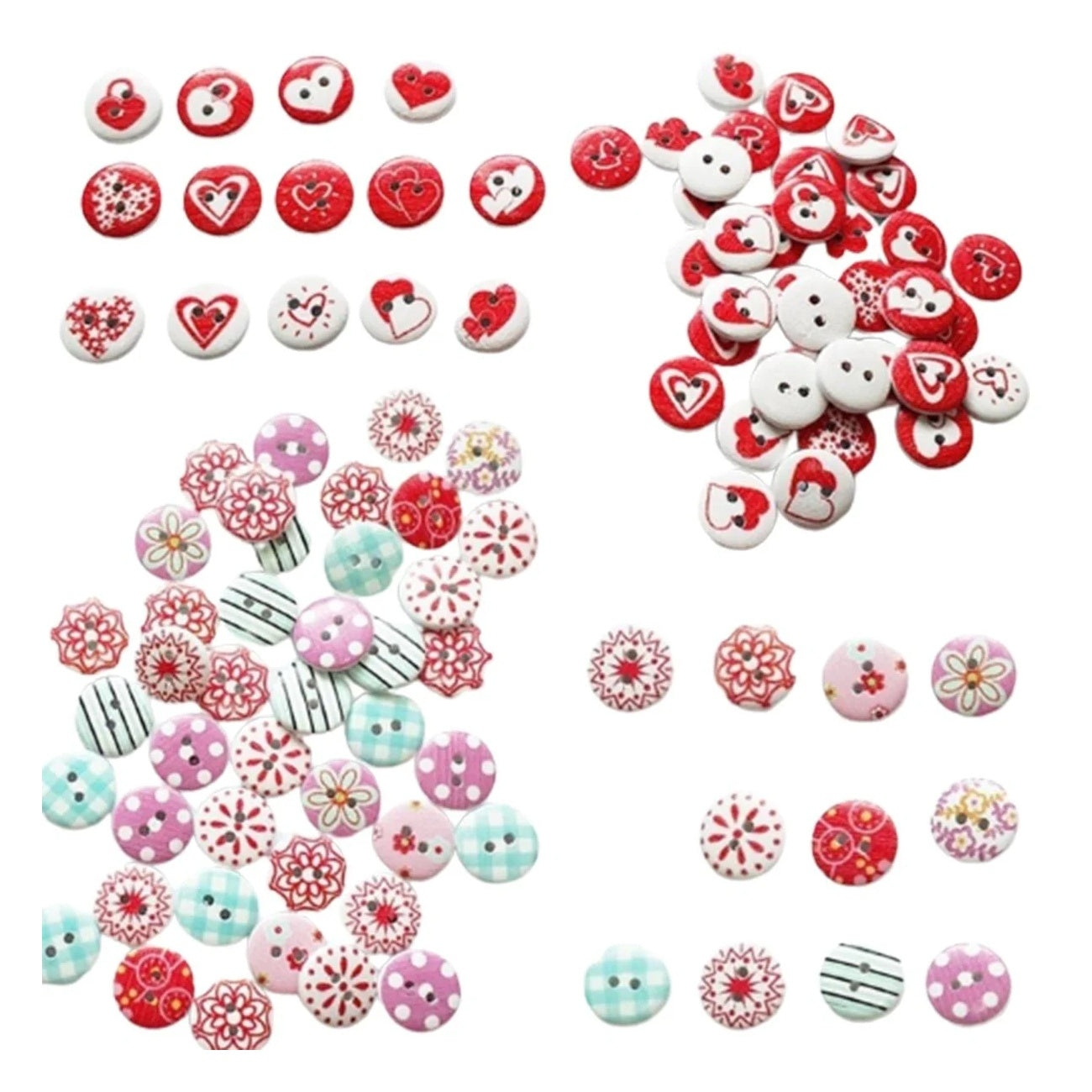 Assorted colorful buttons with floral and heart designs on a white background