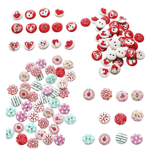 Assorted colorful buttons with floral and heart designs on a white background