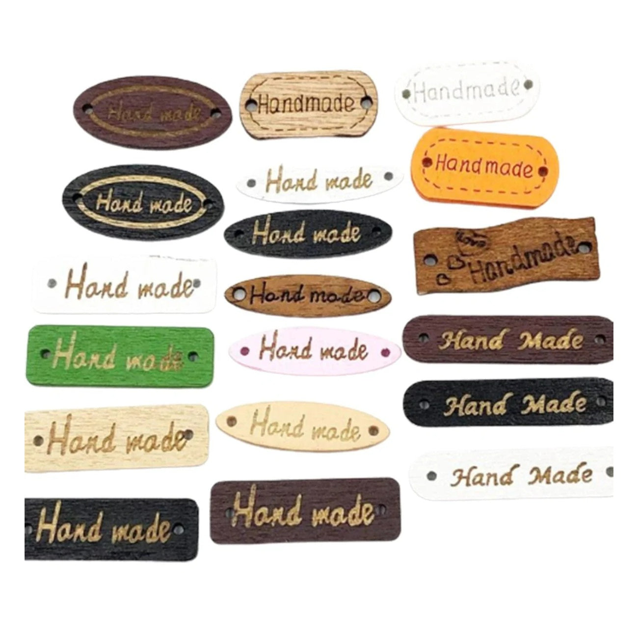 Collection of 'Handmade' labels in various colors and designs on a white background
