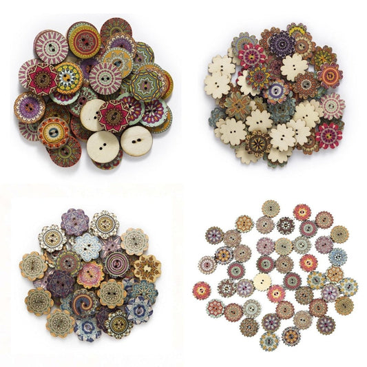 50x Retro Wooden Buttons for Scrapbooking and Handmade Clothes 15-25mm Set B - 20mm Flowers 4 - Asia Sell