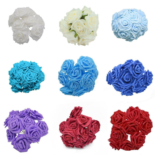 60pcs 8cm Artificial Flowers with Stems Foam Rose Fake Bride Bouquet Wedding Set A - Burgundy - Asia Sell