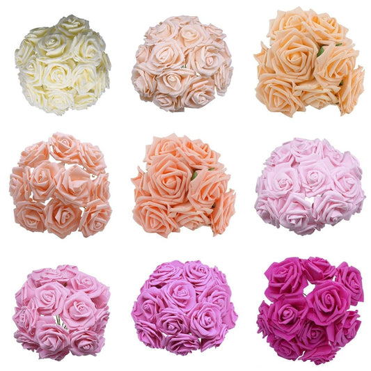 60pcs 8cm Artificial Flowers with Stems Foam Rose Fake Bride Bouquet Wedding Set B - Champagne - Asia Sell