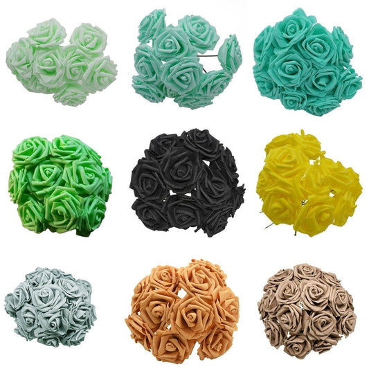 60pcs 8cm Artificial Flowers with Stems Foam Rose Fake Bride Bouquet Wedding Set C - Black - Asia Sell