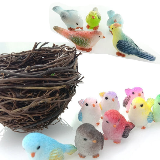 8 Birds in a Nest Resin Parrot Bird Nest Figurine Animal Model Home Decorations Miniature Fairy Garden Bonsai Modern Craft Decor - 8pcs Birds - Asia Sell