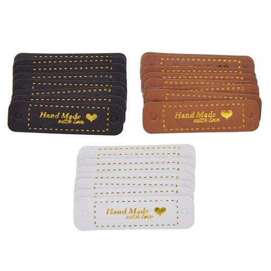 8pcs PU Leather Garment Labels Tags Gold Writing Handmade with Love Clothes Bags Jeans Shoes DIY Clothing - Black and Gold - Asia Sell