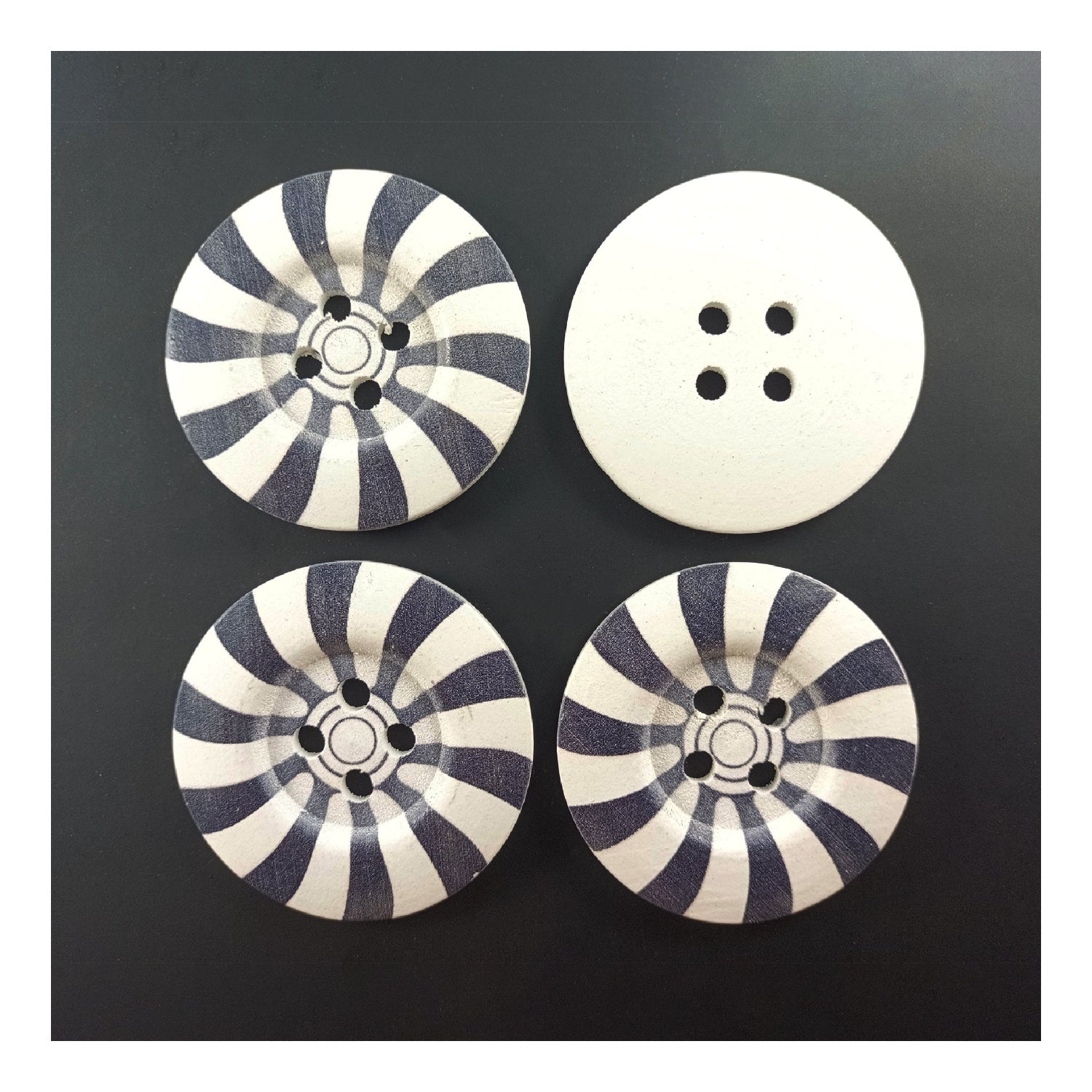 4pcs 50mm Buttons Painted Wooden 4-Hole Coat Boots Upholstery Flower Butterfly Sewing Clothes - 9. Black and White Spirals
