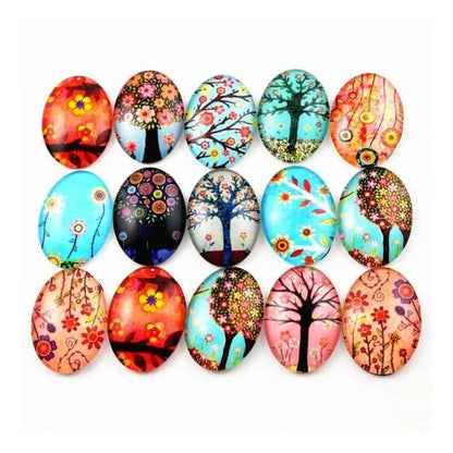 10x Glass Cabochons Flower Tree Life Handmade Oval Shape 18x25mm Jewellery Set A